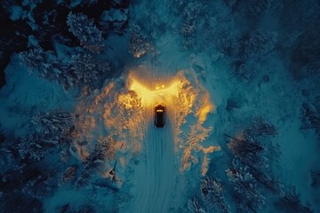 Black car driving on snowy road at night in winter forest aerial view
