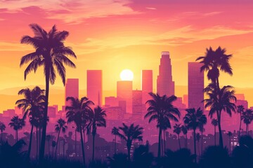 Los angeles skyline with palm trees at sunset creating a tropical urban landscape