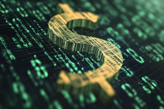 Dollar sign emerging from binary code representing digital finance