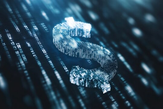 Digital dollar sign emerging from binary code stream representing online payment