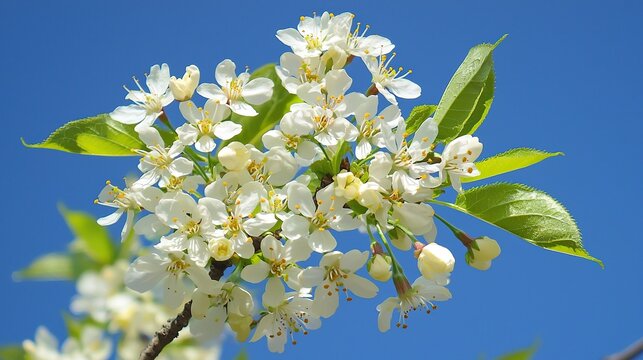 Cherry blossoms in full bloom against a clear blue sky on a vibrant spring day - Powered by Adobe
