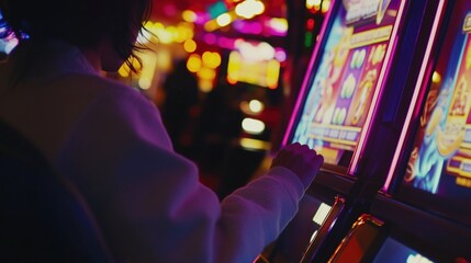 Obraz premium A Person Playing a Slot Machine in a Casino at Night - Generative AI