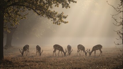 Majestic spotted deer family grazing in misty forest with sunlight streaming through