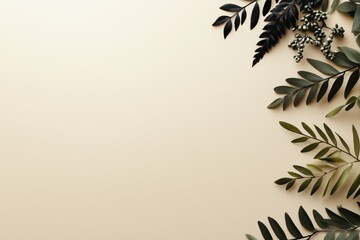 Obraz premium Flat lay of green branches and berries on beige background. Nature-inspired creative designs.