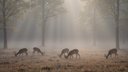 Majestic spotted deer family grazing in misty forest with sunlight streaming through