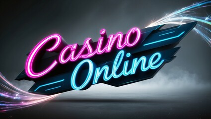 Futuristic neon casino online banner with holographic light effe