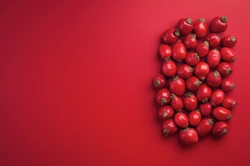 Rose hips forming a vertical rectangle on red background with copy space