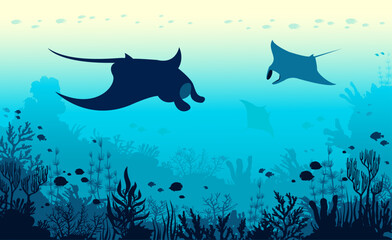 Vector panorama with underwater seascape. Illustration with silhouette of coral reef, school of fish, three mantas on a blue sea background. Marine flora and fauna.