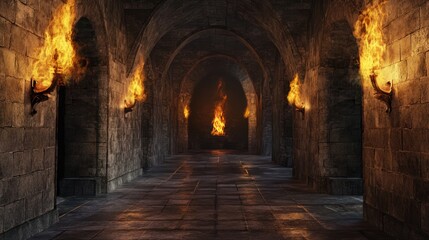 Dark medieval stone corridor with burning torches and fire in the distance.