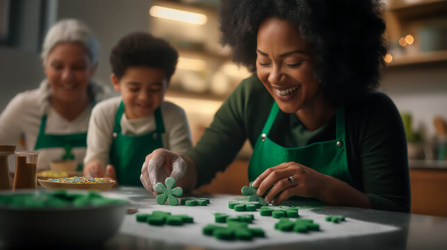 Family baking green shamrock cookies for Saint Patrick's Day. - Powered by Adobe