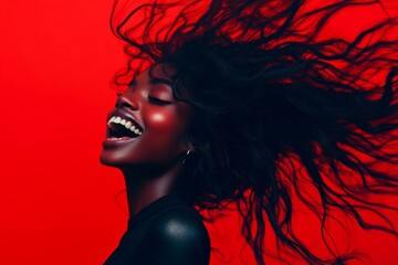 Commercial ad campaign visual idea pattern. Gorgeous happy black girl - for ads, flyer ad and internet use. Long hairdo - gorgeous bush hair. Long hair elegant black models. Elegant black girl.