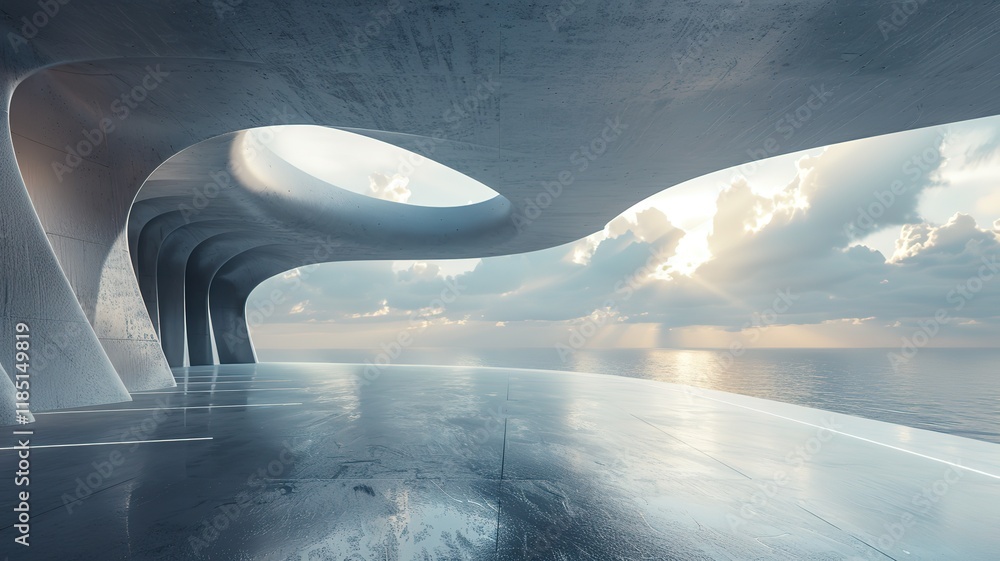 Poster abstract futuristic architecture with empty concrete floor. scene for car presentation