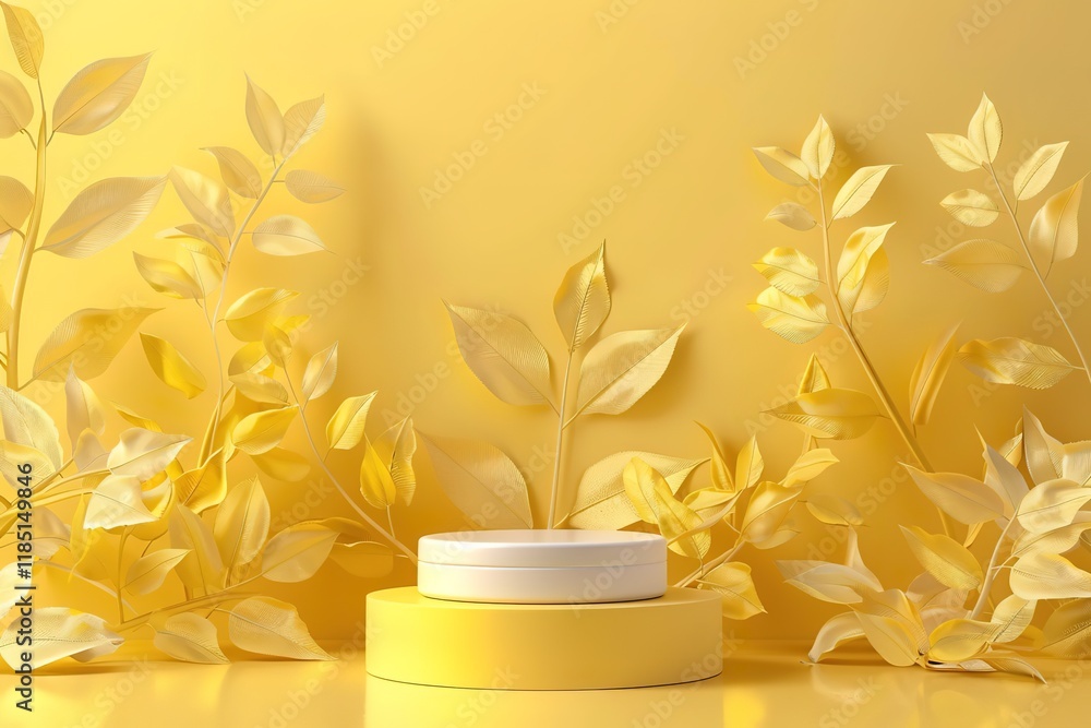 Aufkleber 3d yellow background products display podium scene with yellow leaf platform. background vector