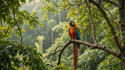 Colorful macaw on tropical tree branch against green canopy with sunlight filtering through leaves
