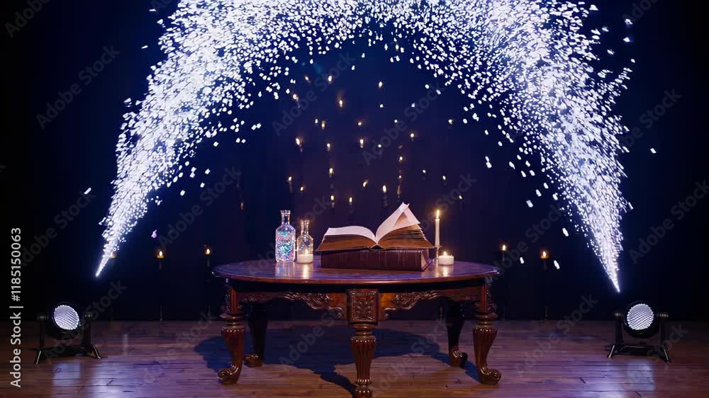 Poster magical setup with an open book, candles, and bottles on a wooden table under sparkling light arcs