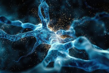 A visually striking abstract image resembling a neuron structure exploding in blue hues against a deep black background
