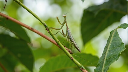Graceful praying mantis camouflaged on green stem in soft light