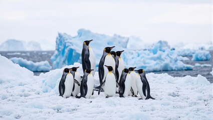 Obraz premium Adorable penguin family on snowy Antarctic ice sky overcast blue icebergs in background