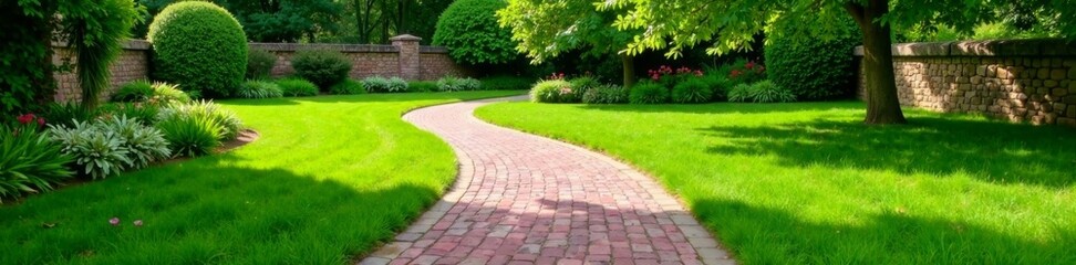 Brick path with lush green grass and stone walls surrounding a serene garden area, gardening, texture, manicured yard