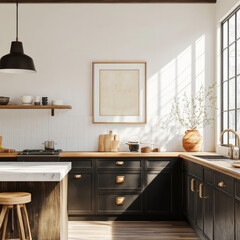 Bright sunny kitchen dining room area interior mockup neutral boho wooden furniture with one piece of wood framed wall art hanging lamps big window with copy space	
