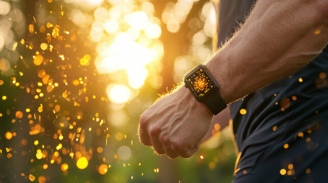 Muscular arm with smartwatch in sunlit forest setting