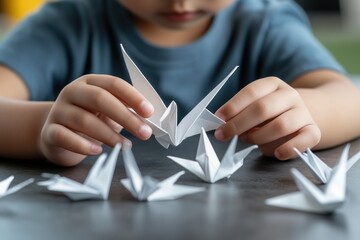 Child folding paper origami cranes on a table. Creativity and craft