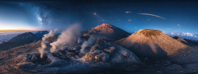An awe-inspiring view of a high-altitude volcanic ridge with active fumaroles and a rare, bright meteor storm streaking across the night sky, Volcanic ridge scene