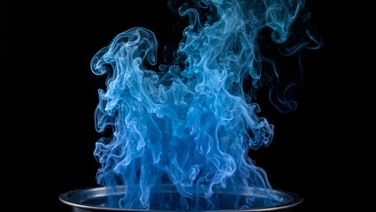 Elegant blue smoke swirls on silver tray against dark backdrop evoking mysticism