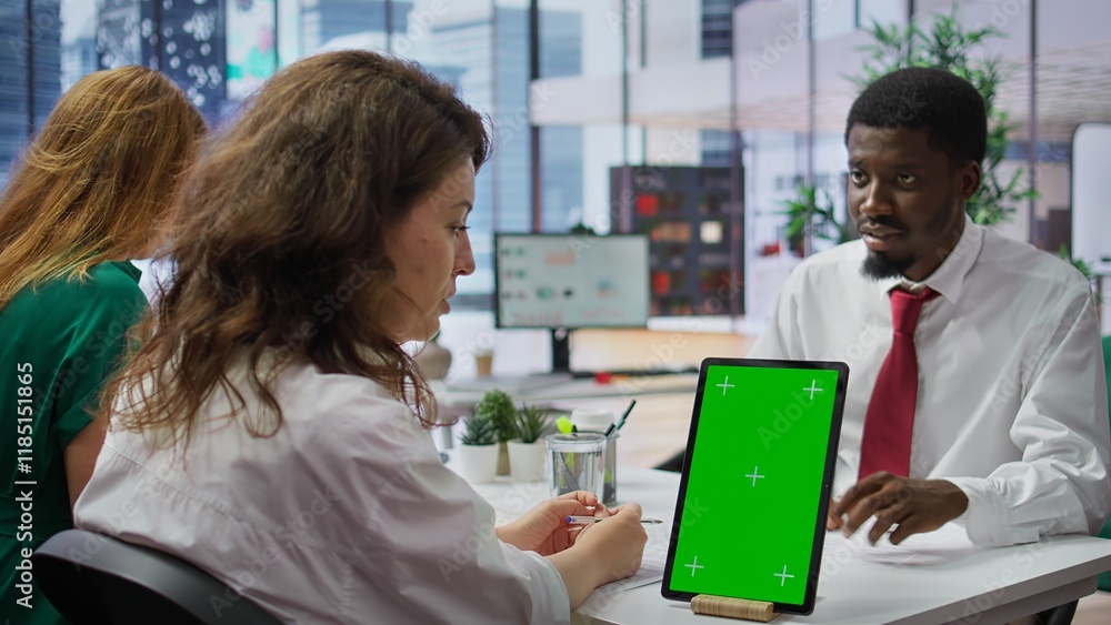Poster job applicant and employer discussing in an interview with isolated mockup display on a device, high