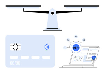 Balance scale for fairness, credit card with NFC, laptop with DeFi chart and certified contract. Ideal for financial tech, decentralized apps, crypto, fintech, transparency, fairness abstract line
