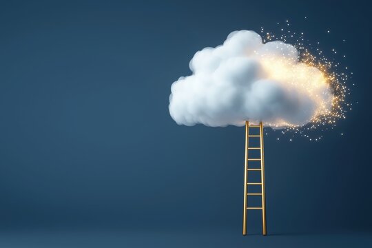 Golden ladder leading to fluffy cloud on dark blue background with sparks. concept of dream and ambition