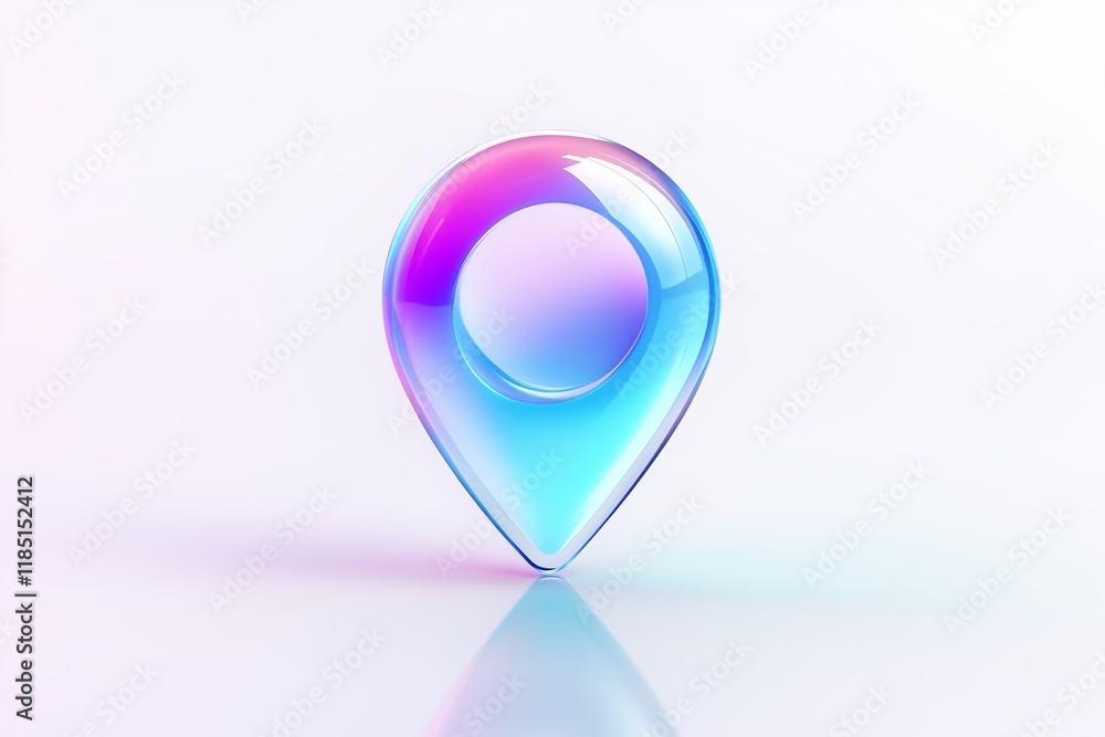 Poster blue 3d location glass icon with colorful gradient, gps pointer or pin sign with reflection isolated