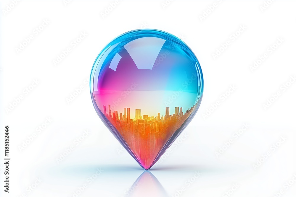 Poster blue 3d location glass icon with colorful gradient, gps pointer or pin sign with reflection isolated