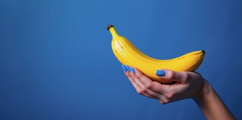 Person is holding a banana in their hand. The banana is yellow and he is ripe. The blue background adds a sense of calmness to the scene. The topic of potency and men's health. Copy space