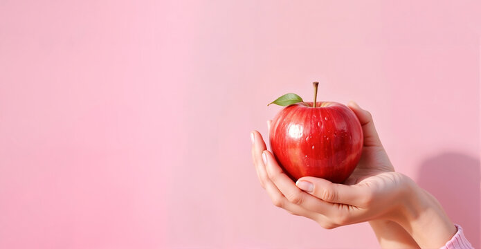 Person is holding a red apple with a green leaf on top. Concept of freshness and health, as apples are often associated with these qualities. Banner, poster, background, Copy space