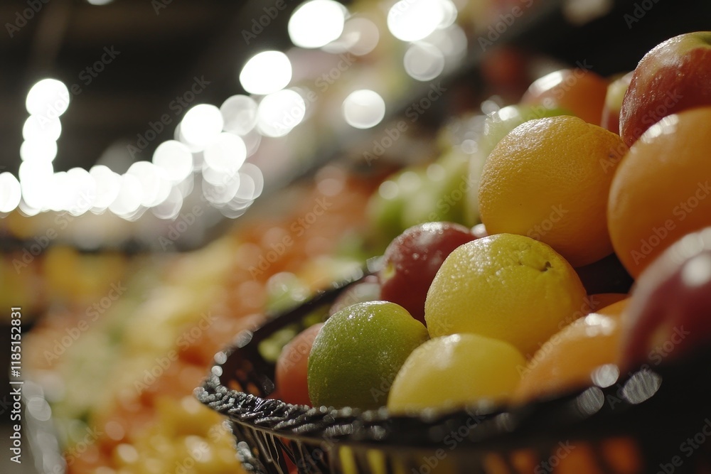Poster fresh and vibrant assortment of fruits in a display basket with bokeh lights in the background, perf