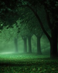 Serene forest path shrouded in mist and greenery.