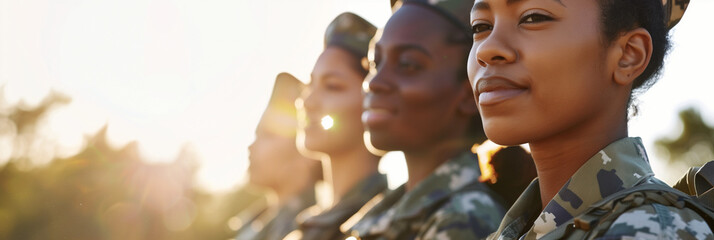 Inclusive image of a multiethnic team of female military soldiers, professional portrait of a diverse group of army personnel, Women working in war, copy space