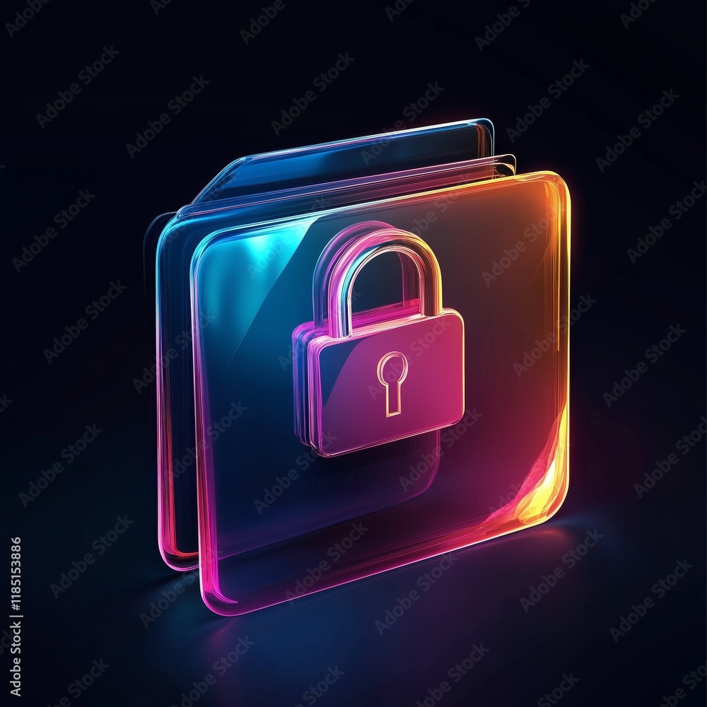 Aufkleber glass morphism lock folder icon with colorful gradient light on a dark background in 3d cartoon illu