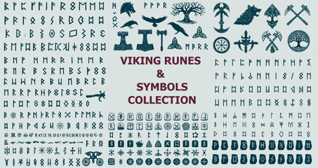 VECTOR MEGA SET Viking runes and symbols collection.  set of pagan norse sign vegvisir, fenrir, yggdrasil, valknut, triquetra, triskele, Thor’s hammer, ravens. Scandinavian illustration for tattoo 
