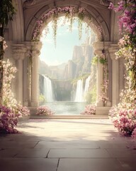 Fototapeta premium Serene view through an archway adorned with flowers and waterfalls.