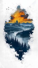 Illustration of Russia with Iconic Architecture and Cool Tone