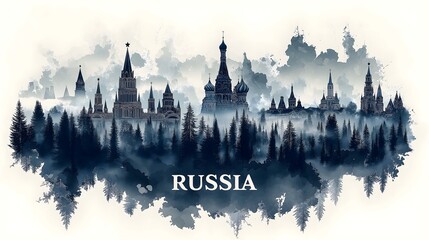Illustration of Russia with Iconic Architecture and Cool Tone