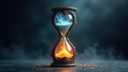 Ornate hourglass depicts contrasting elements of time and energy