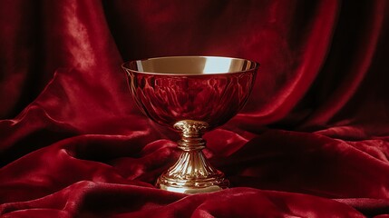 A luxury trophy cup with a polished brass finish, displayed against a rich red velvet background 