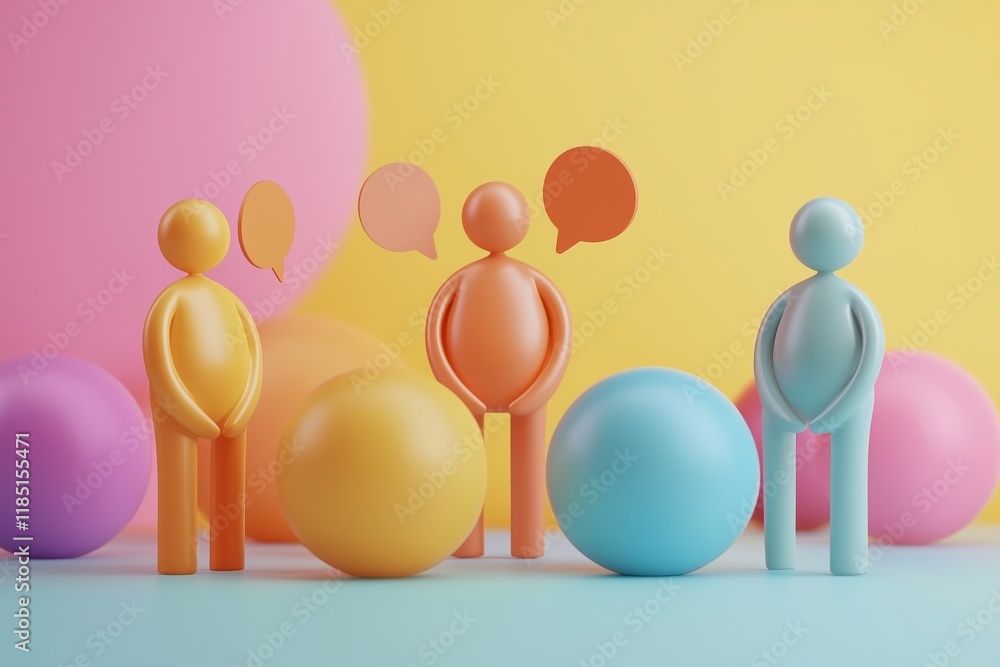 Poster three colorful figures standing on a platform with a speech bubble above them