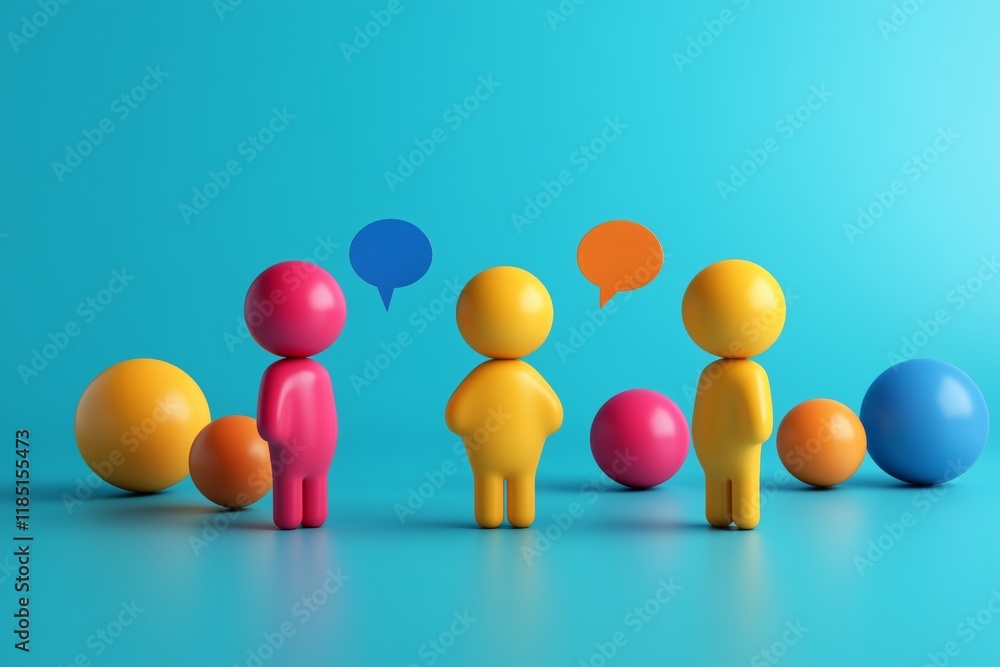 Aufkleber three colorful figures standing on a platform with a speech bubble above them