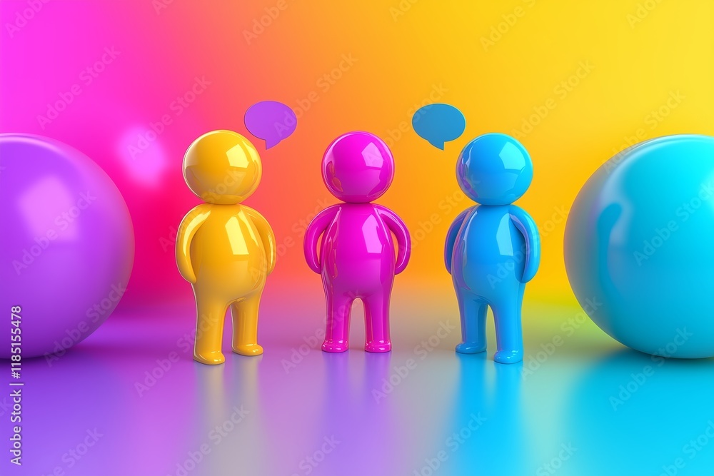 Poster three colorful figures standing on a platform with a speech bubble above them