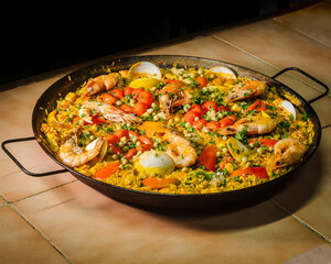 Restaurant food. Various dishes. Clubhouse, pizza, sushi. Traditional food. Fast food. Hamburger. Paella