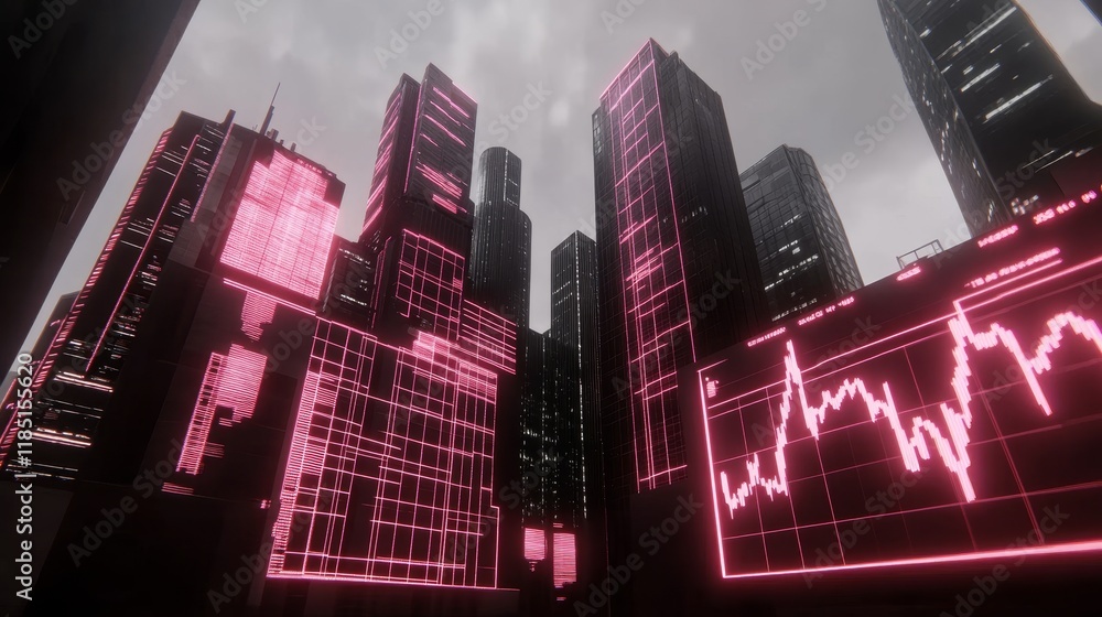 Poster futuristic city skyline with glowing pink digital graphs and abstract data visualization illustratin